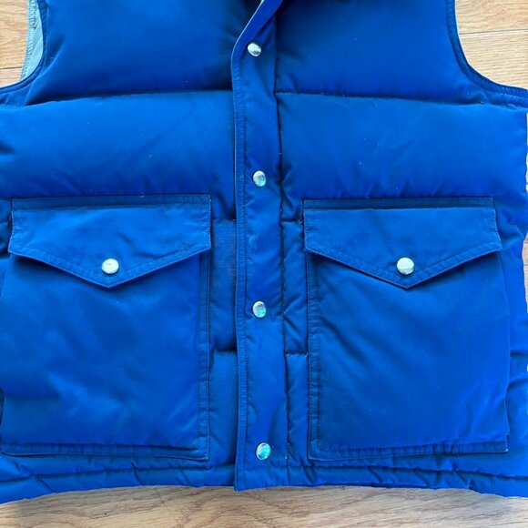 Vintage Black Ice Down Filled Blue Puffer Vest Mens M Hideaway Hood Outdoor Camp - Picture 5 of 10